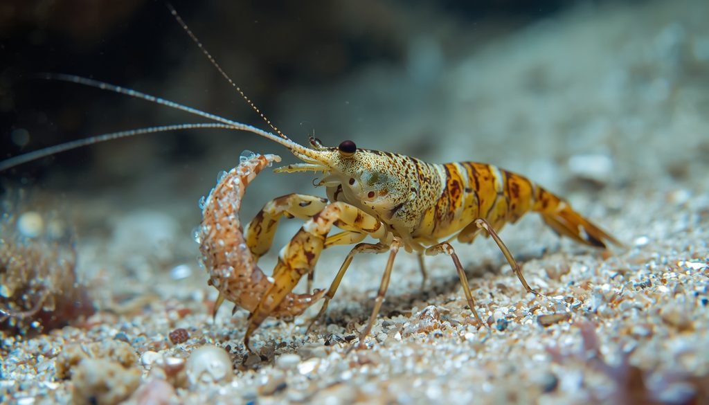 A pistol shrimp displaying its enlarged snapping claw on the ocean floor