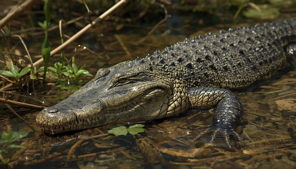 American alligator with webbed feet in shallow water