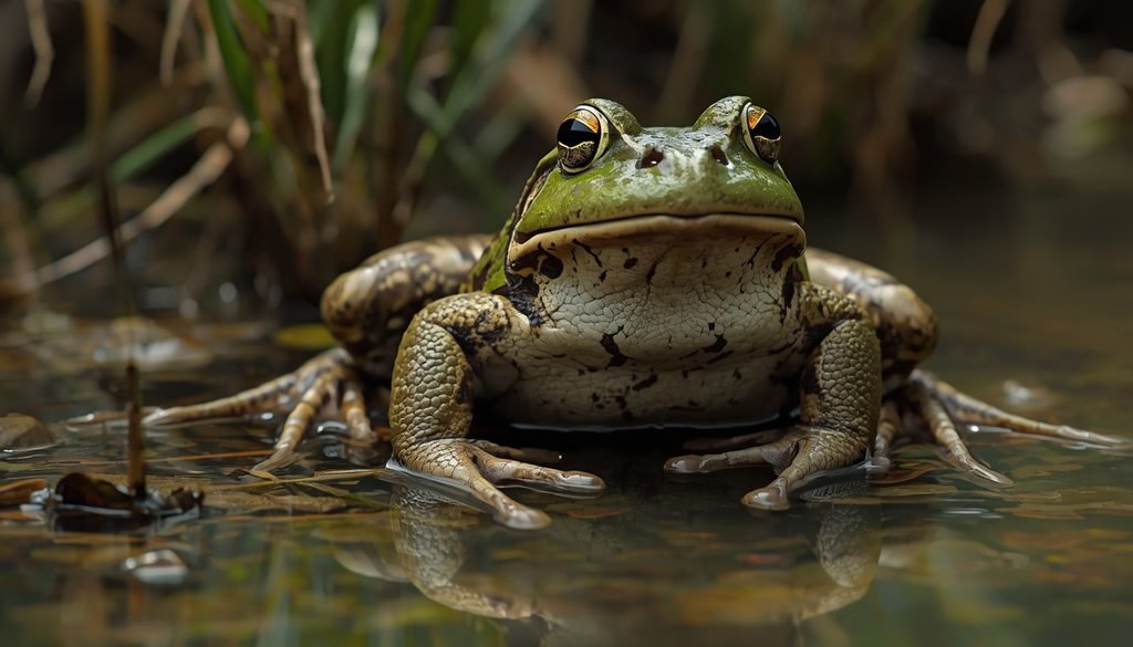 American bullfrog showing webbed hind toes