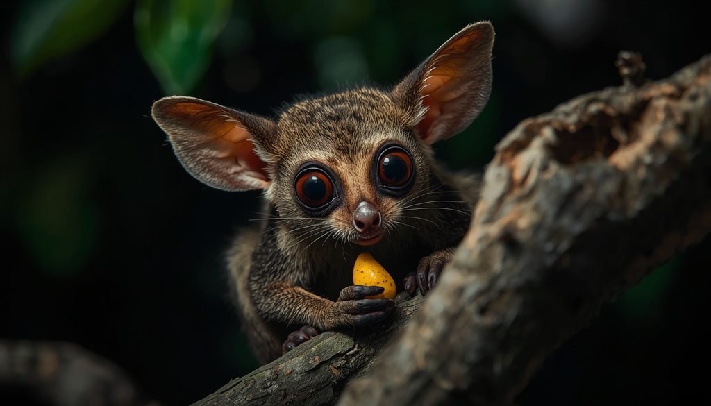 Aye-aye with large eyes in Madagascar forest