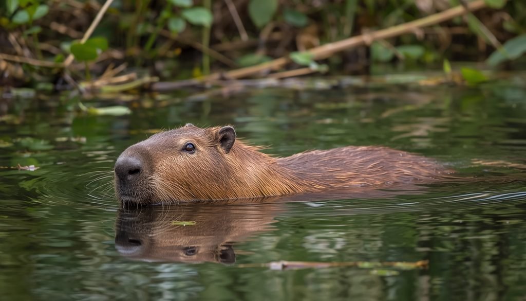 Capybara swimming with partially webbed feet