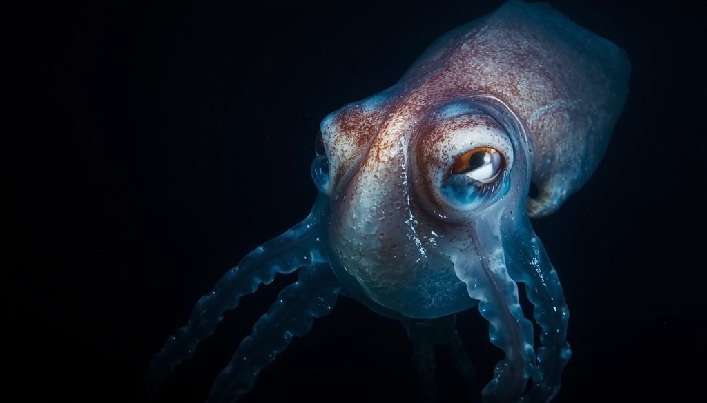 Colossal squid with giant eye underwater
