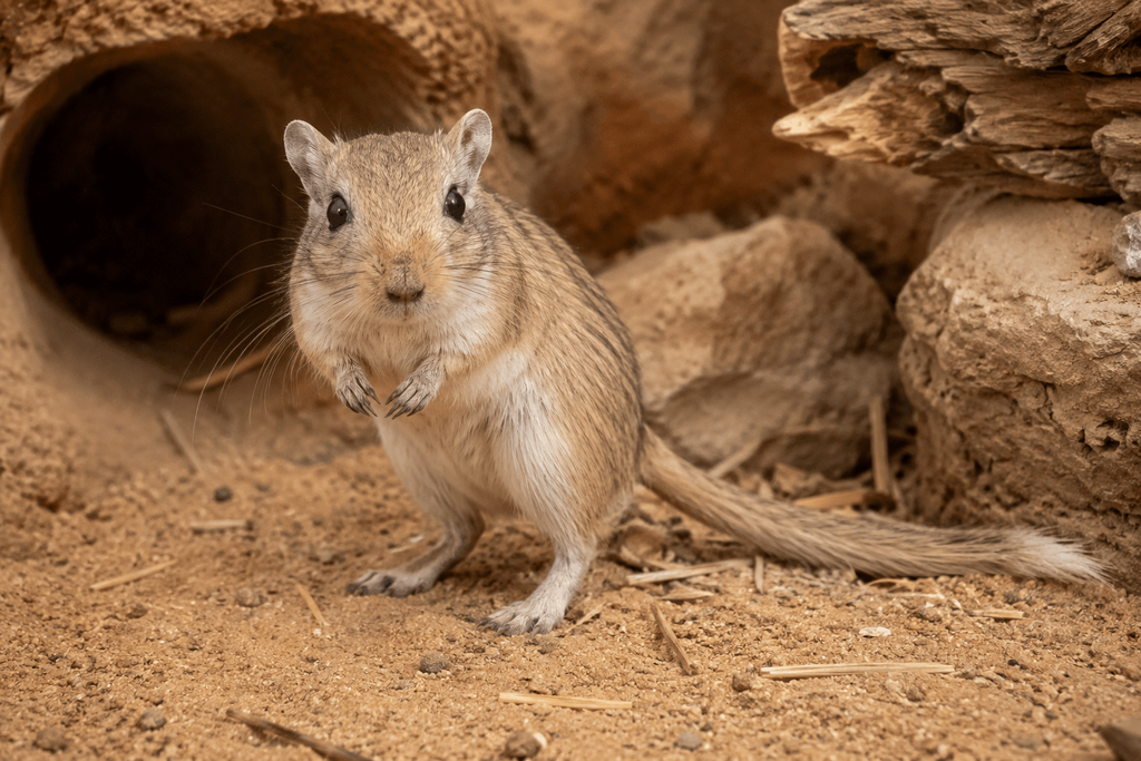 Gerbil with long tail in a natural enclosure
