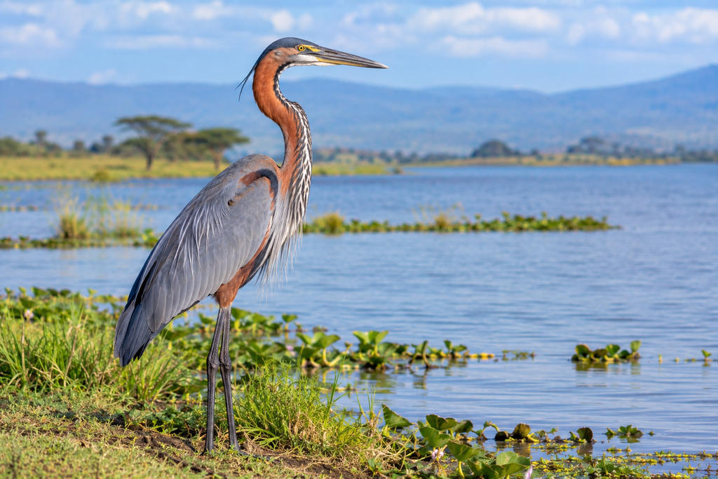 Goliath Heron standing beside African wetland