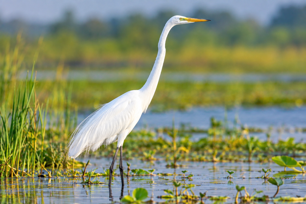 Great Egret with long neck standing in wetland