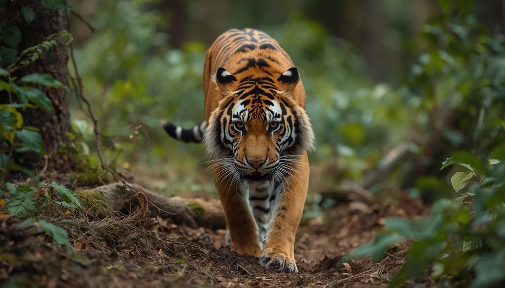 Muscular tiger walking through a forest habitat