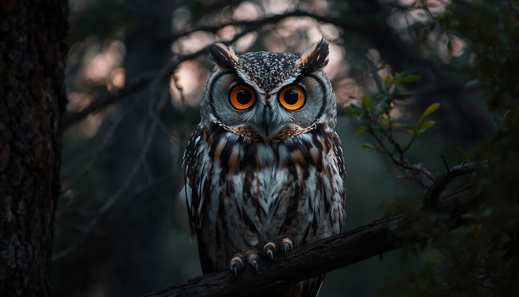 Owl with large eyes hunting at dusk