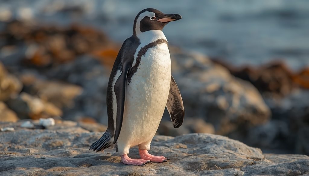 Penguin with webbed feet on a coastal shore