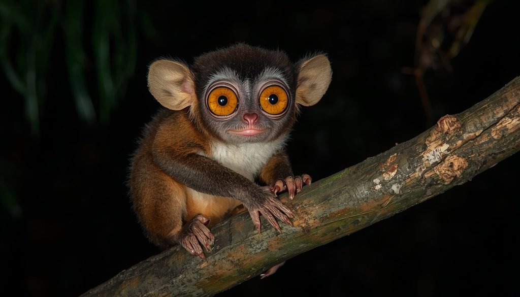 Philippine tarsier with large eyes at night