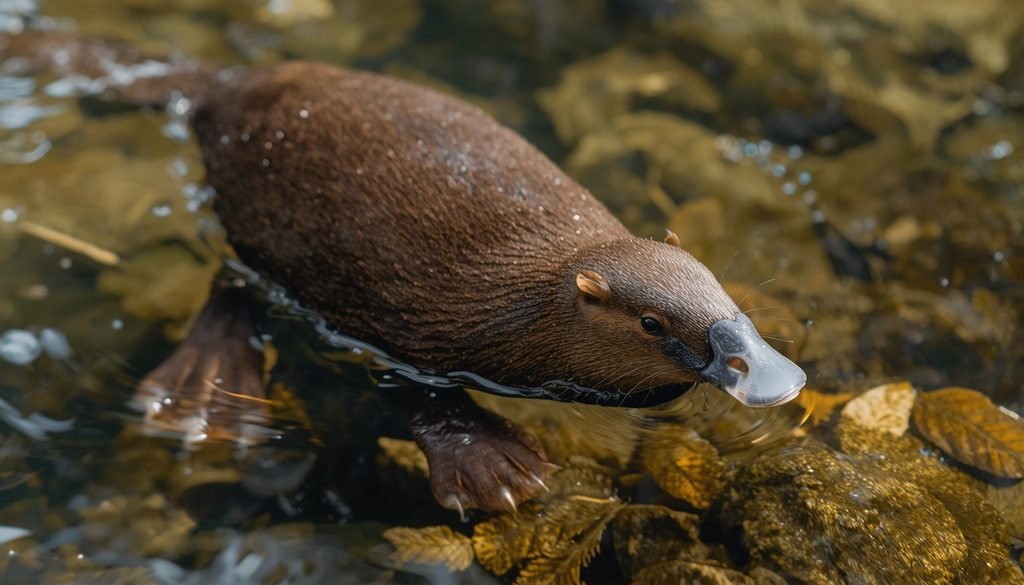 Platypus swimming with broad webbed front feet
