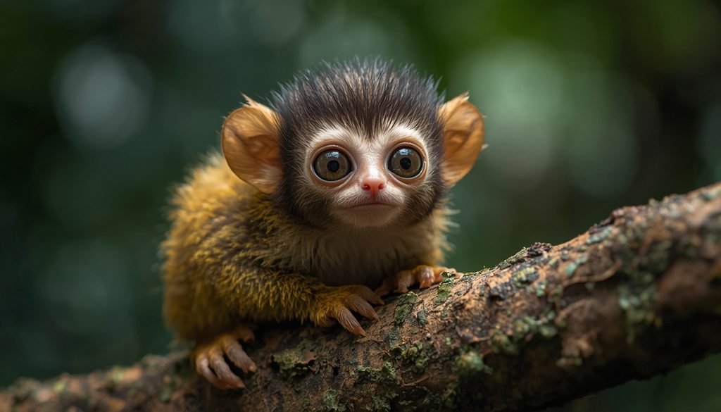 Pygmy marmoset with large eyes in rainforest