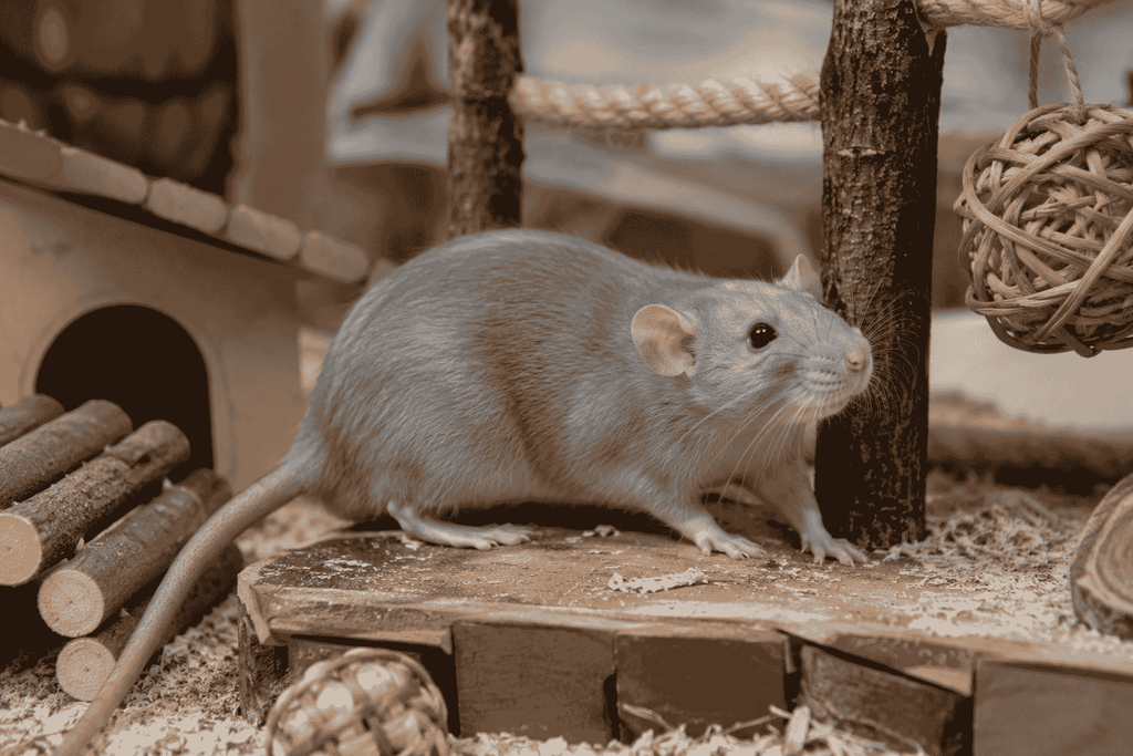 Domesticated rat exploring an enriched enclosure