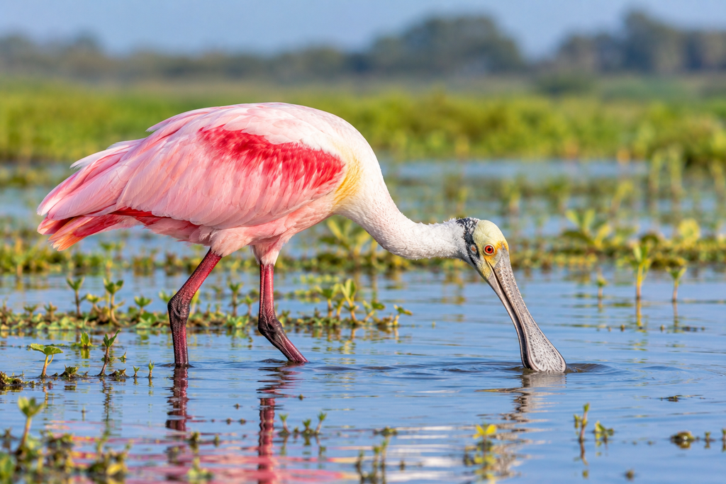 Roseate Spoonbill feeding in shallow water