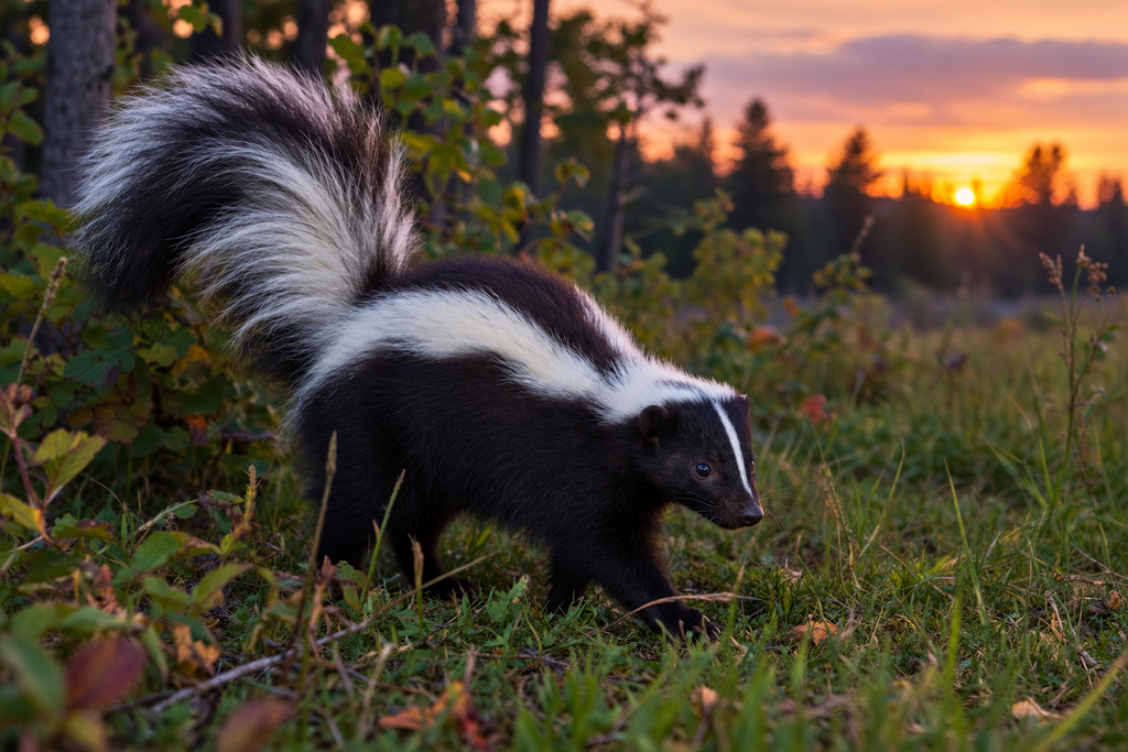 Striped skunk walking through grassland