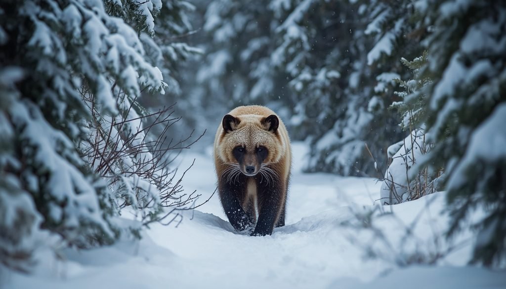 Wolverine in a snowy forest