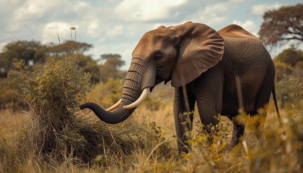 African elephant using its trunk to detect smells in the savanna