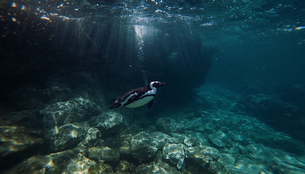African Penguin swimming underwater after fish