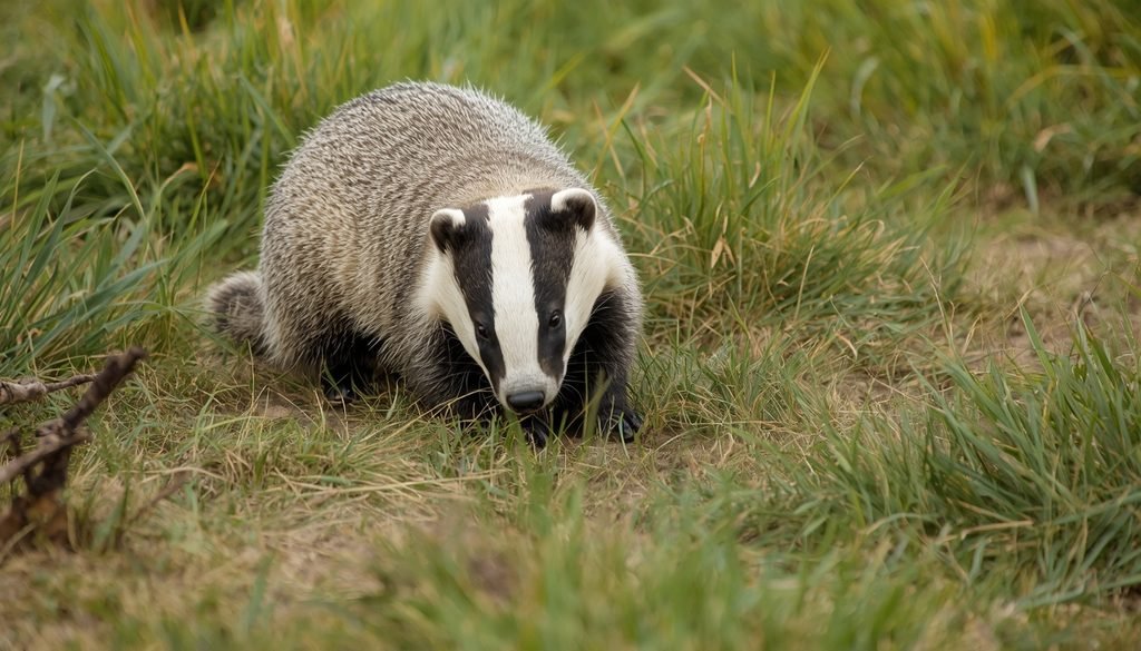 American badger digging in a North American grassland