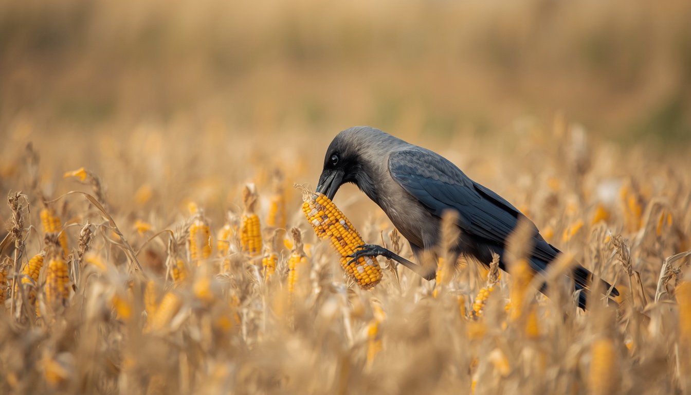 American crow feeding on corn in a field