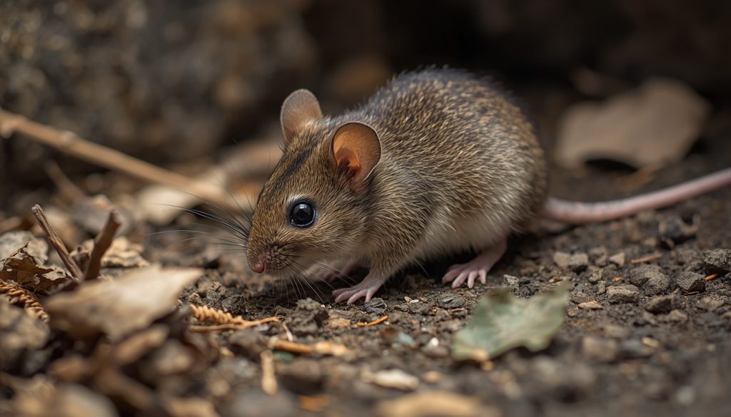 house mouse showing cautious behavior in its environment