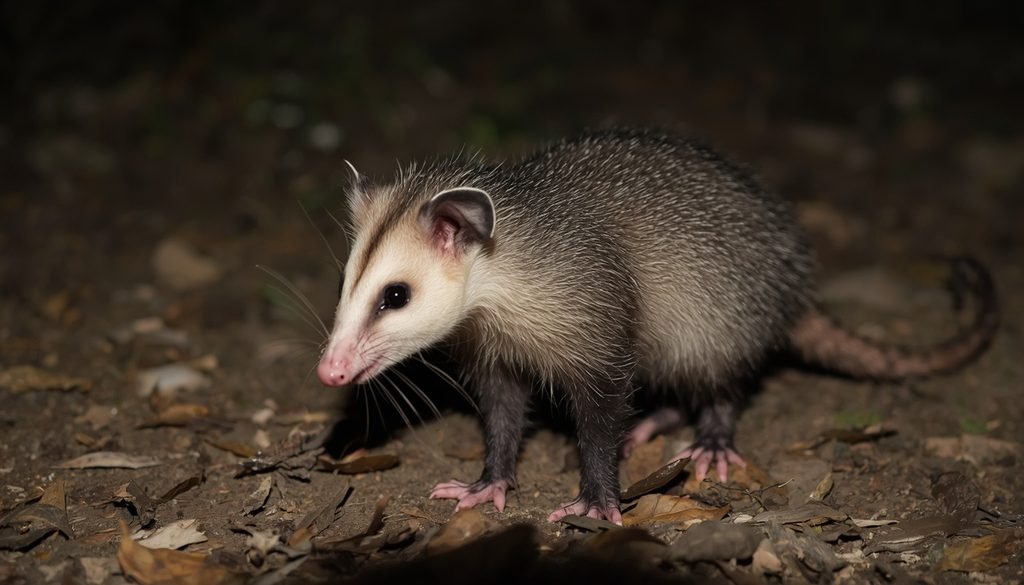 Virginia opossum showing defensive behavior at night