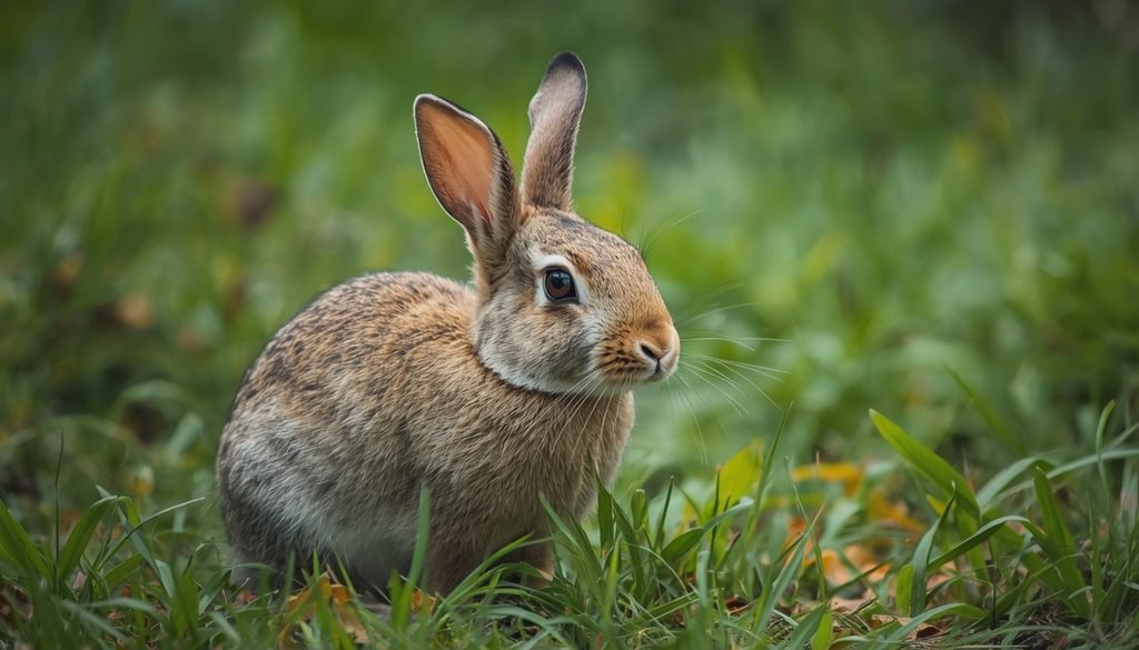 anxious rabbit staying alert in a grassy habitat