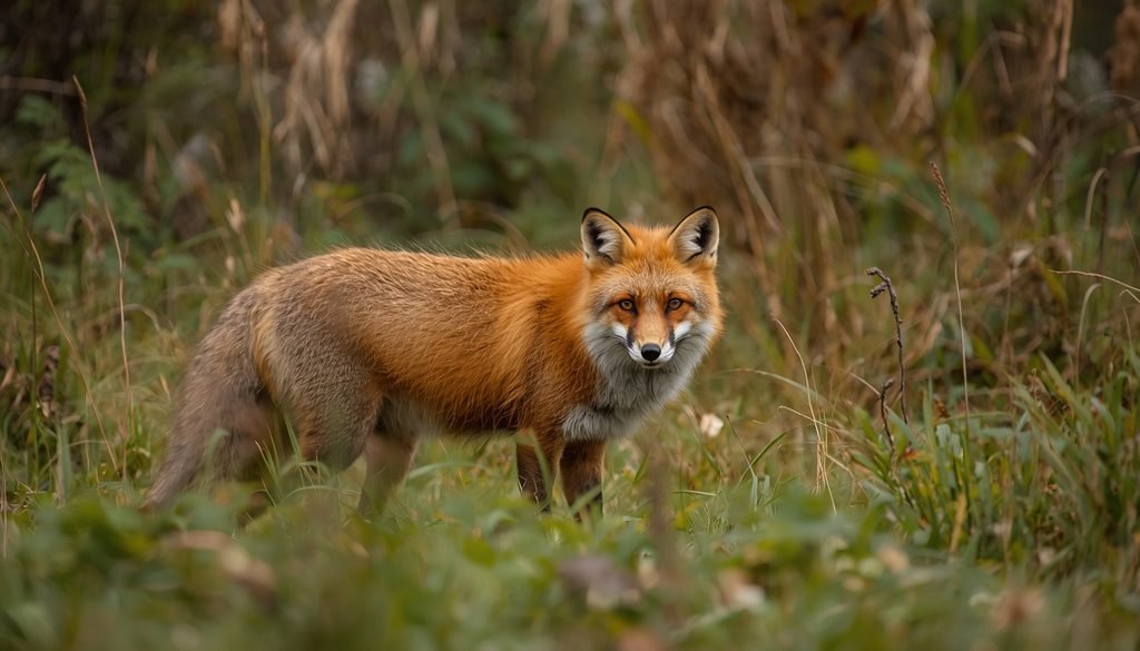 cautious red fox watching its surroundings in woodland