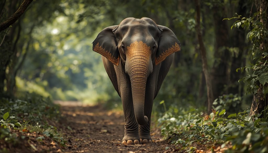 Asian elephant with a broad forehead walking through a forest