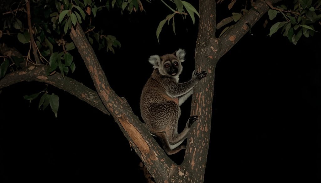 Aye-aye climbing a tree in Madagascar at night