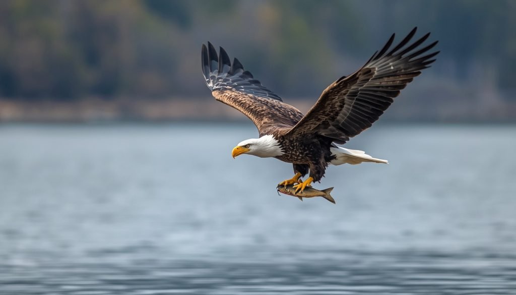 Bald Eagle catching fish over a lake