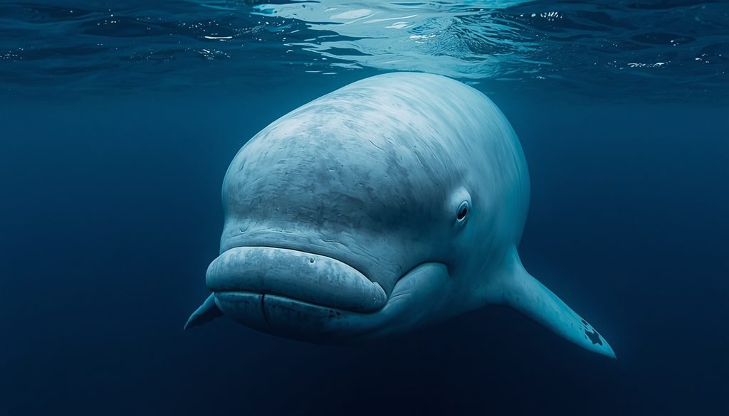  Beluga whale with a large rounded forehead swimming in Arctic water