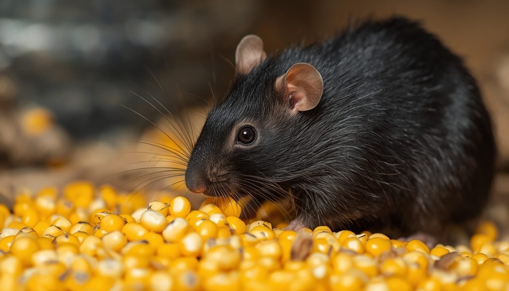 Black rat feeding on corn kernels