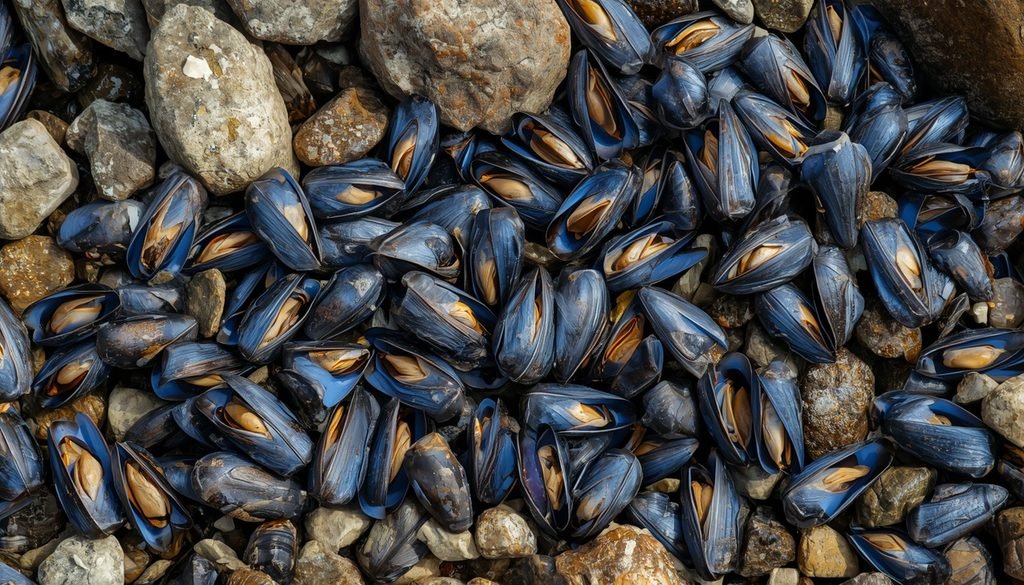 Blue mussels with paired shells attached to a rocky shoreline