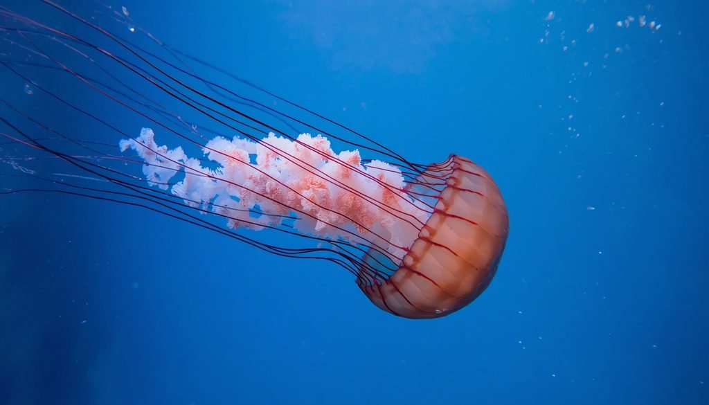 Box jellyfish with long tentacles in clear tropical water