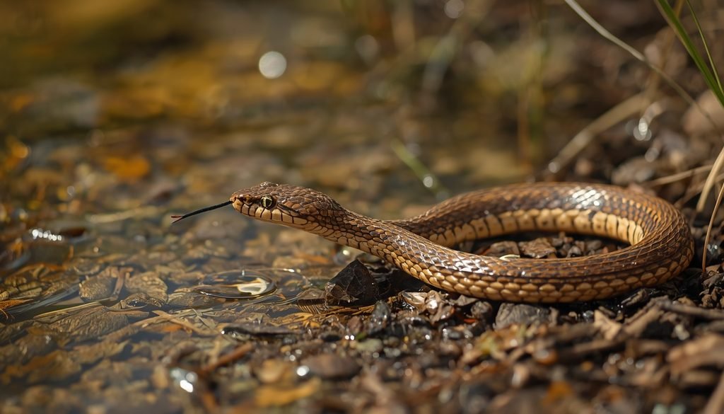 Brown water snake resting near a freshwater habitat