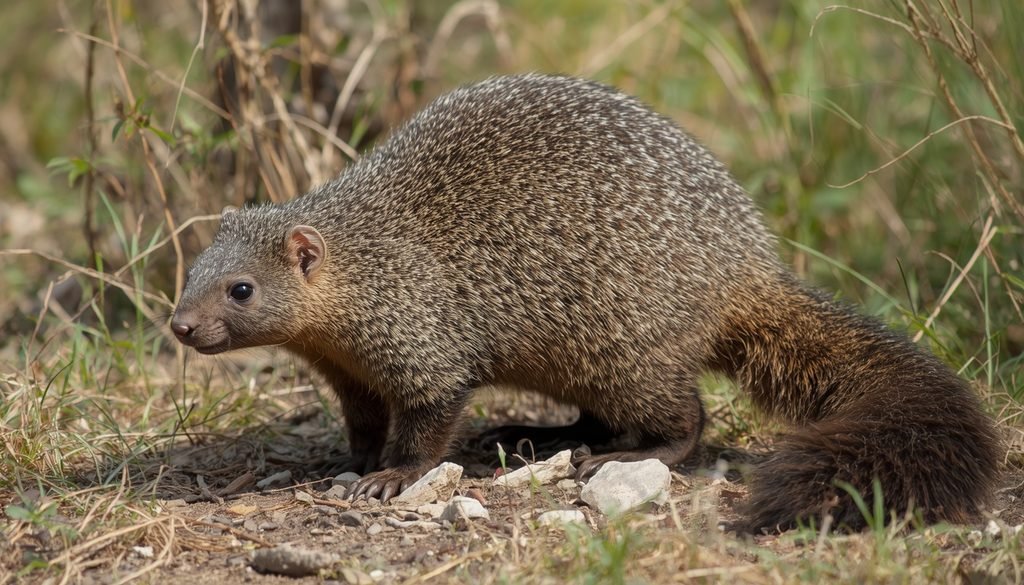 Bushy-tailed mongoose with dense fur in its natural habitat