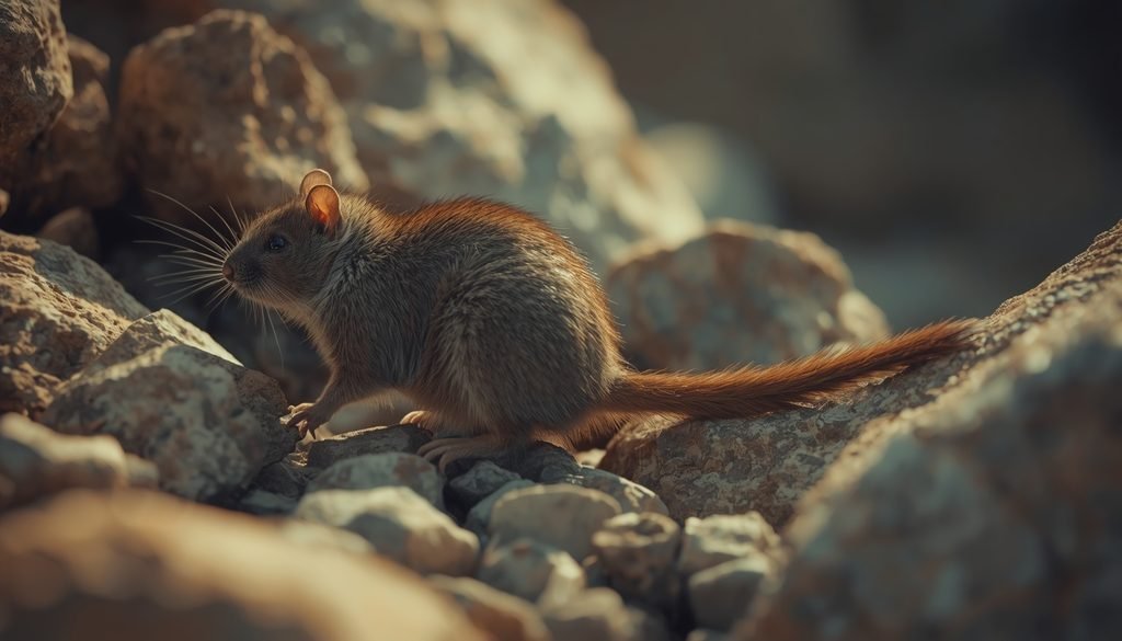 Bushy-tailed woodrat showing its thick furry tail among rocks
