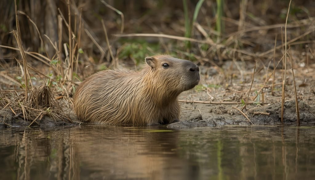 Capybara resting near water in its natural wetland habitat
