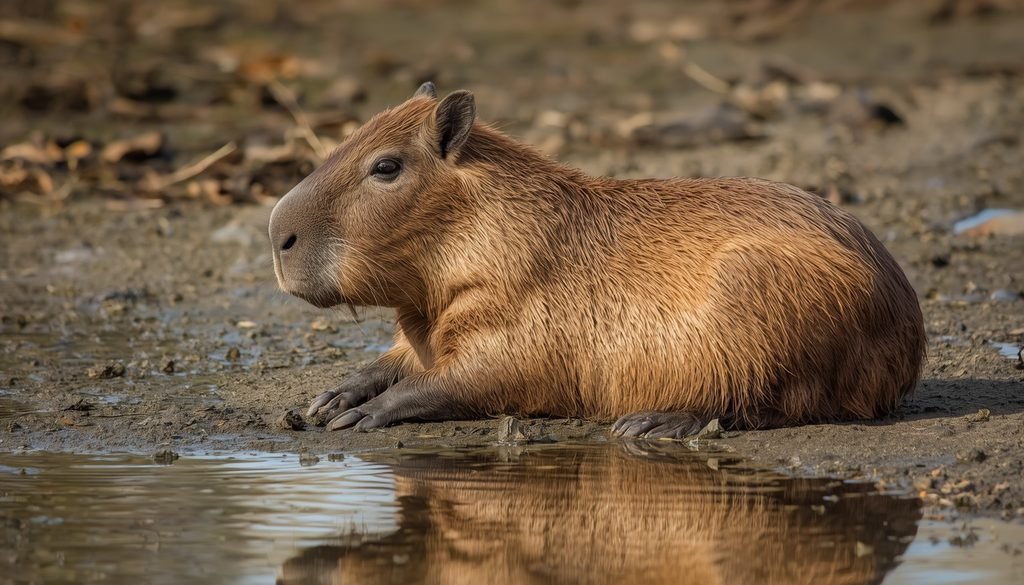 Capybara resting near water in a South American wetland