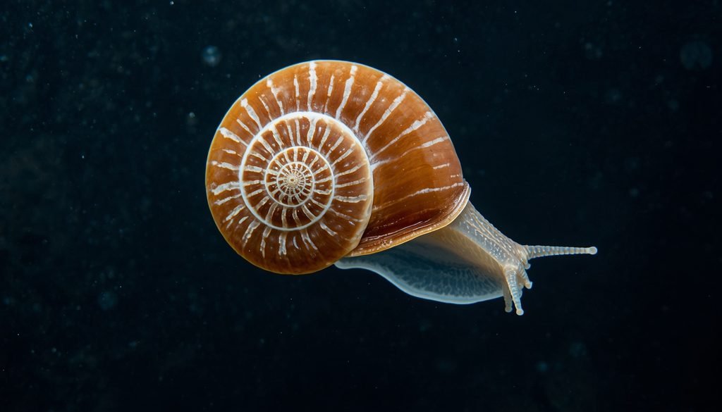 Chambered nautilus with a spiral external shell swimming underwater