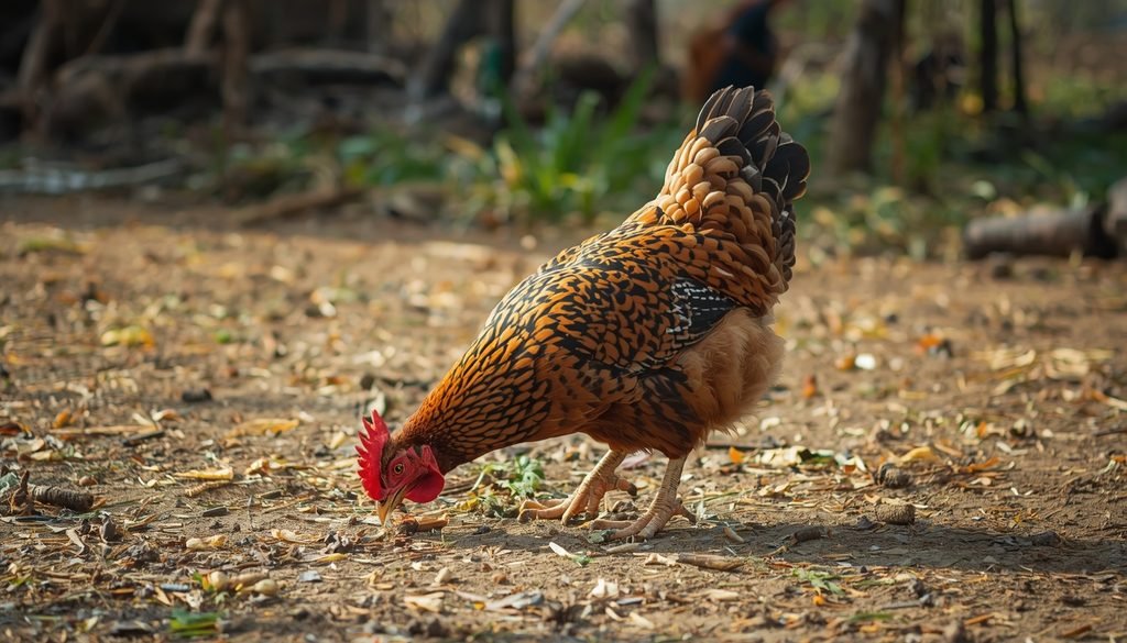 Domestic chicken searching for food in a farmyard