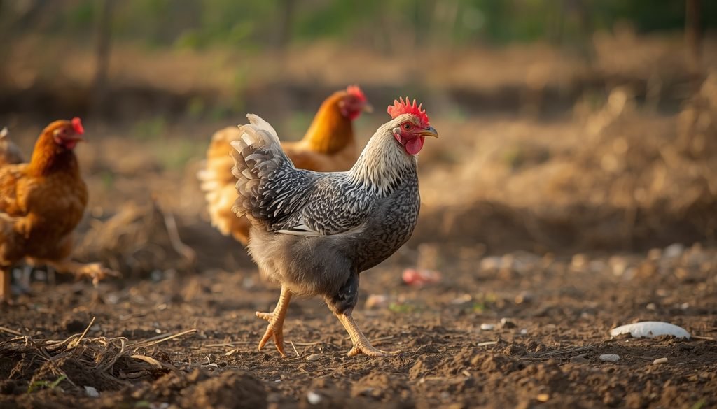 Chicken walking freely in a natural farm environment