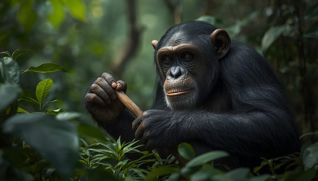 Chimpanzee using intelligence and problem-solving skills in its natural habitat