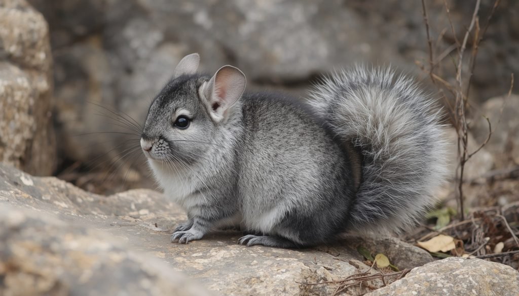 Chinchilla with a fluffy tail in a rocky natural habitat