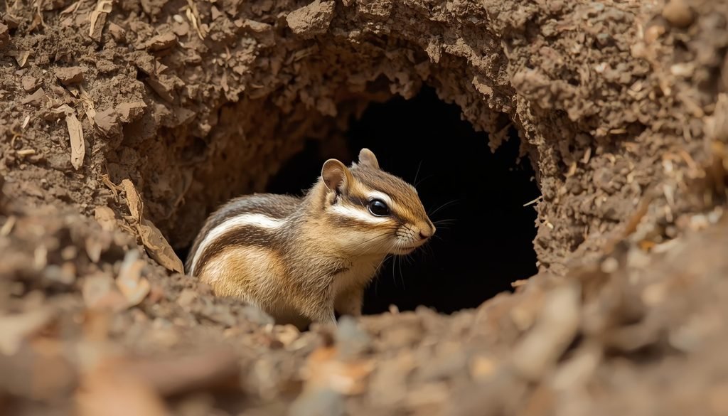 Striped chipmunk sitting near an underground burrow