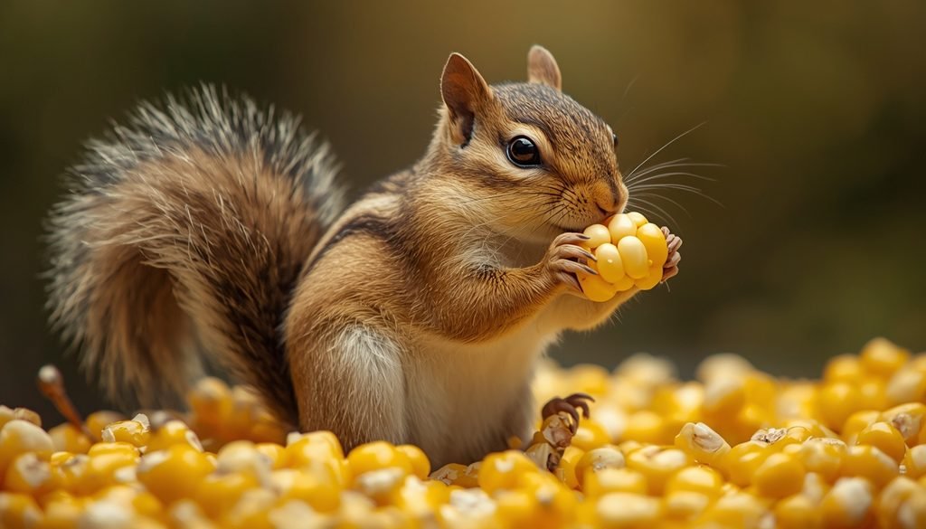 Chipmunk carrying a corn kernel