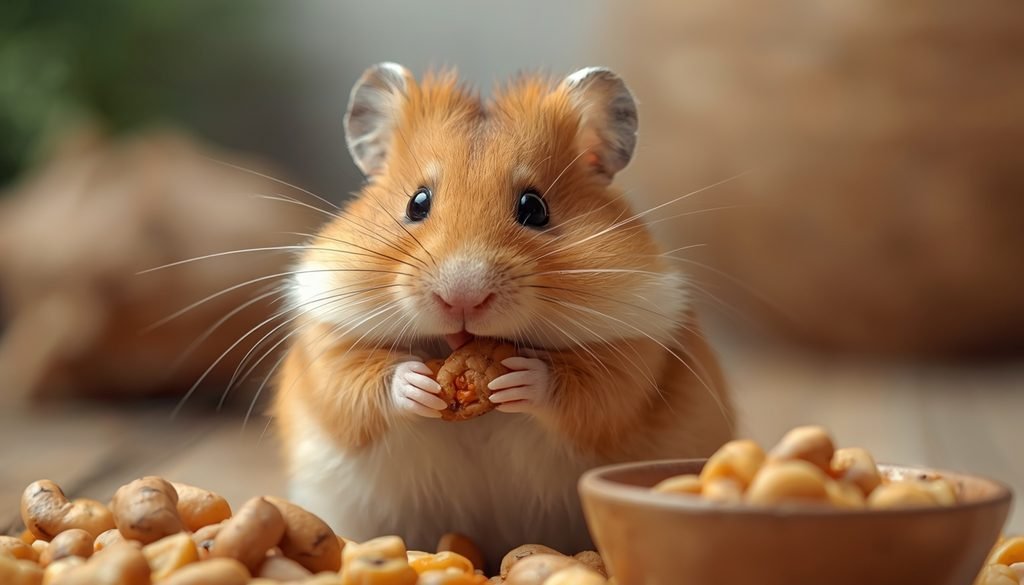 Cute round hamster holding food