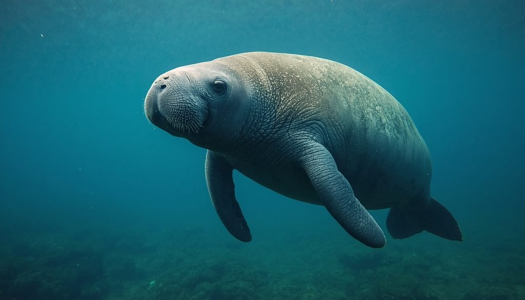 Round manatee swimming underwater