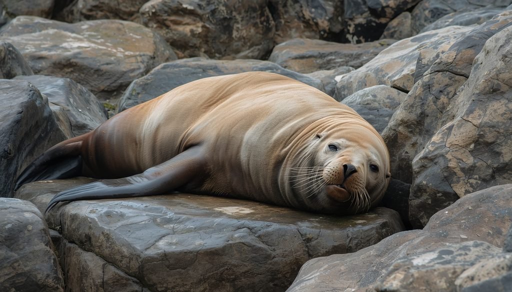 Chunky sea lion resting on rocks