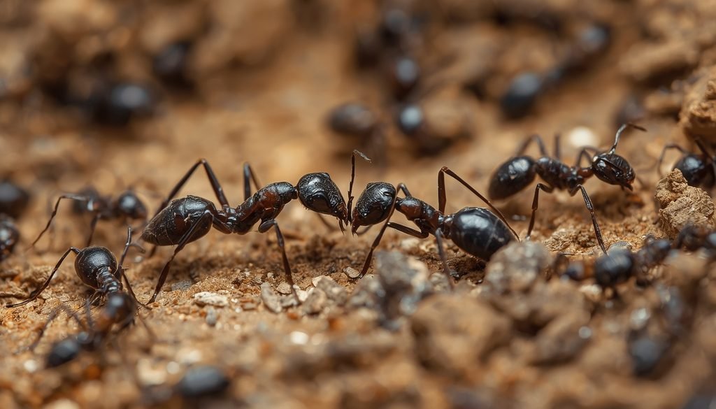 Ants showing grooming and hygiene behavior in a colony